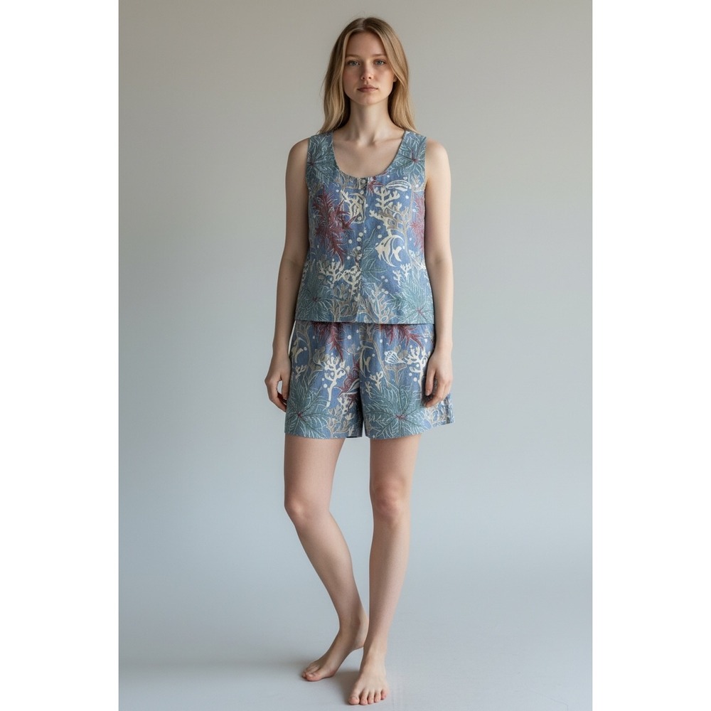 Reyn Spooner Hawaiian Traditions Cotton 2 Piece Set Blue Coral Shells Shorts M